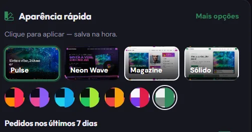 Prévia do painel Aparência rápida para selecionar layouts e paletas no Max Rádio Builder