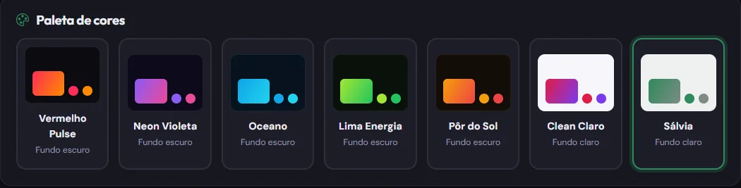 Paletas de cores disponíveis na aparência da web rádio, incluindo Vermelho Pulse, Oceano e Sálvia